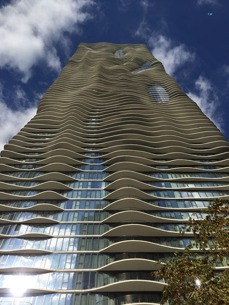 The contours of Aqua's balconies are apparent from its podium.