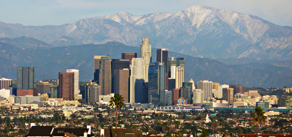 Downtown Los Angeles with the San Gabriel Mountains in the distance.